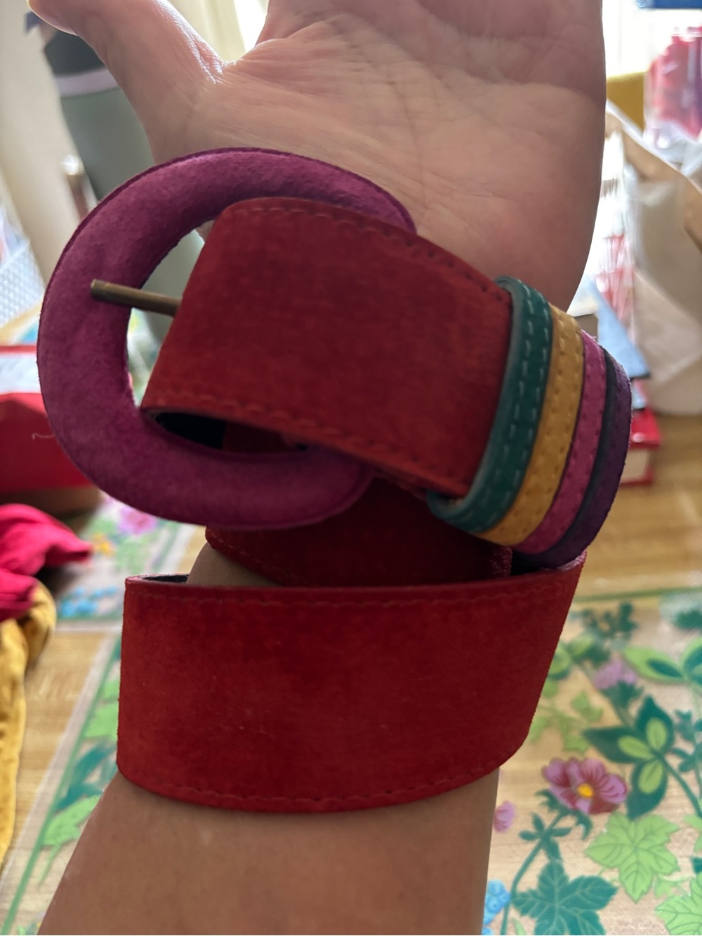 Colorblock Red Suede Belt with Pink Buckle and Multicolor Loops size Small 80s